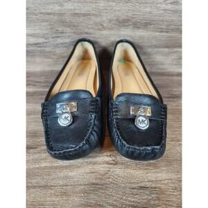 Michael Kors Hamilton Black Leather Loafer Black Silver Monogram Lock Logo Sz 8M